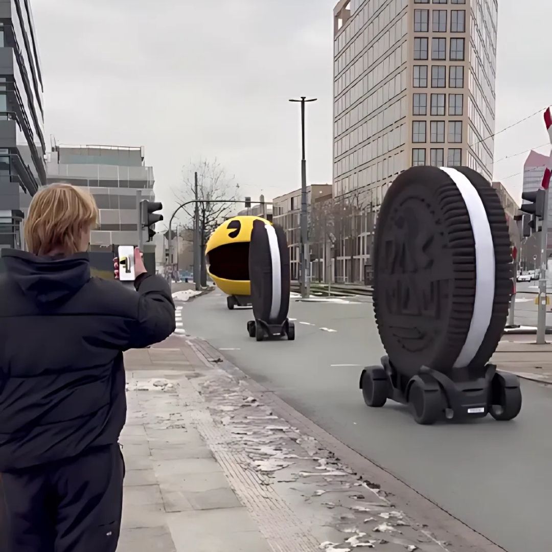 Oreo Cookies and Pac-Man on Wheels Chase on Street
